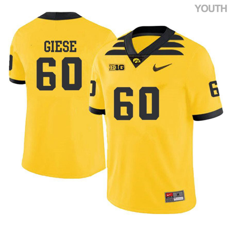 Youth Iowa Hawkeyes NCAA #60 Jacob Giese Yellow Authentic Nike Alumni Stitched College Football Jersey BN34X51JL
